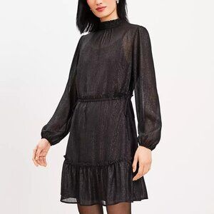LOFT Elegant Black Metallic Sheer Long Sleeve Ruffle Mini Dress Size XXL